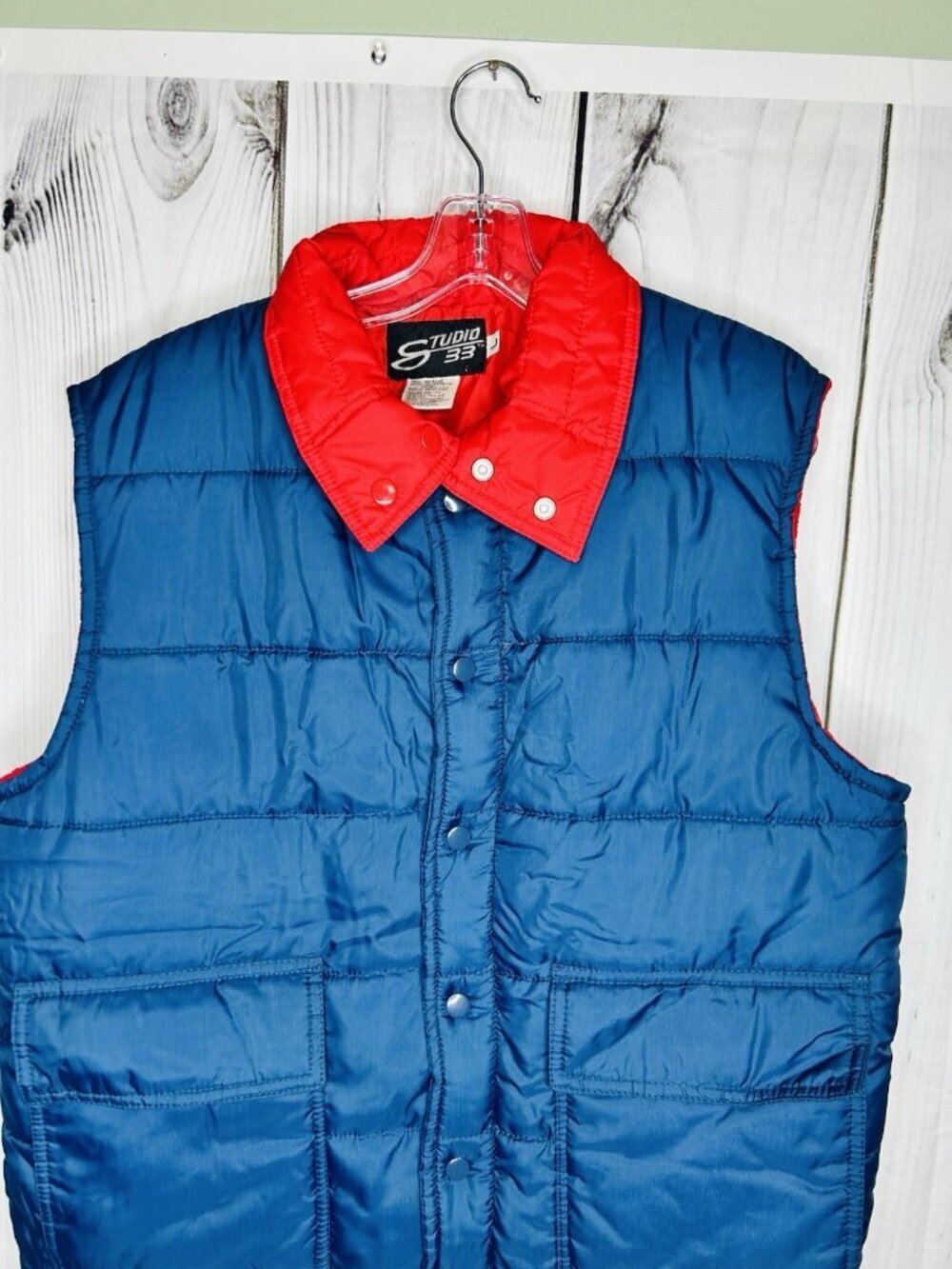 Studio 33 Puffer Vest Sz L Navy Blue Red Snap Up Sleeveless Vintage MINT - Picture 3 of 9